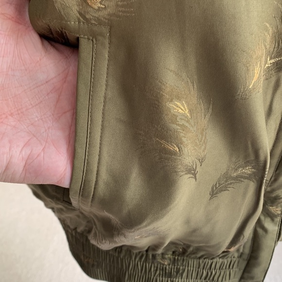NWT Mureli Pure Silk Metallic Gold Feather Print Retro Bomber Jacket - Picture 5 of 13